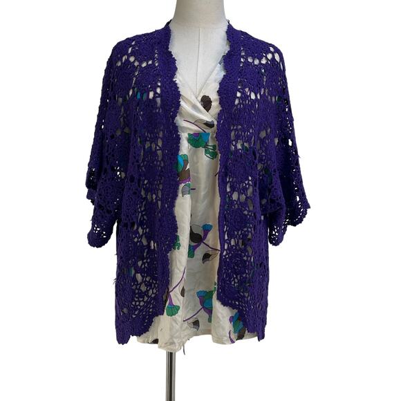 Jessica London Sweaters - Crochet Open Front Cardigan Purple Boho